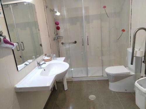 a bathroom with a shower and a sink and a toilet at Alojamento Rivera in Gafanha da Nazaré