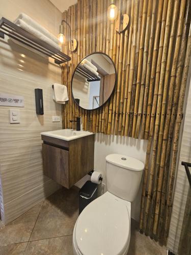 a bathroom with a toilet and a sink and a mirror at Ecohotel Piedemonte in Salento