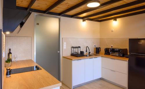 a kitchen with white cabinets and a black refrigerator at Cestrum Suites in Agios Nikolaos