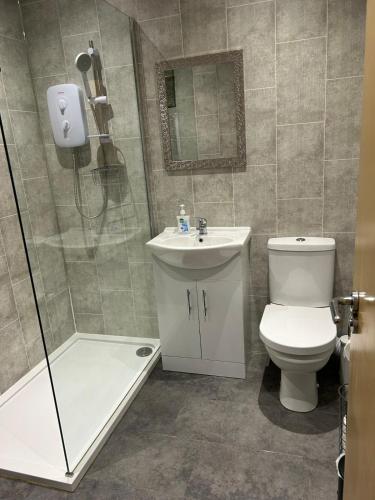 a bathroom with a shower and a toilet and a sink at Port Panorama in Portstewart