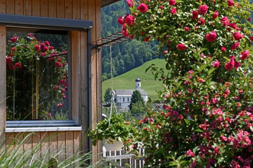 a view of a house from a window with roses at Ferienwohnungen Schantl in Schoppernau