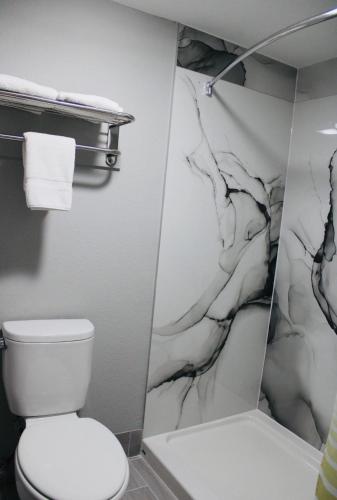 a bathroom with a toilet and a marble wall at Meridian Inn Oklahoma City Airport in Oklahoma City