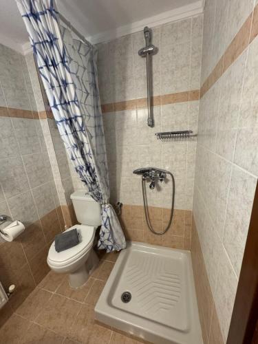 a bathroom with a shower and a toilet and a sink at Nikiti Sunset Viewpoint in Nikiti