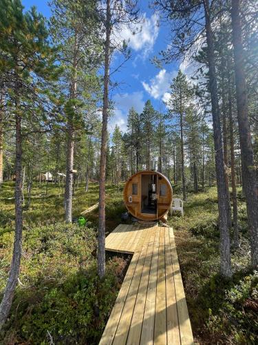 a wooden walkway leading to a round tent in the woods at LaplandLiv Glampingtent with private sauna at the lake! in Björkliden