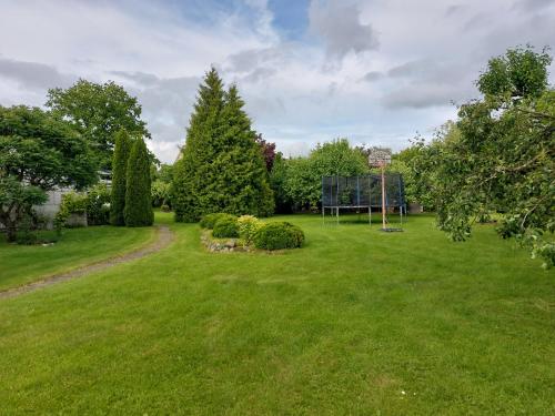 a yard with a basketball hoop in the grass at Kaare Guesthouse in Viljandi