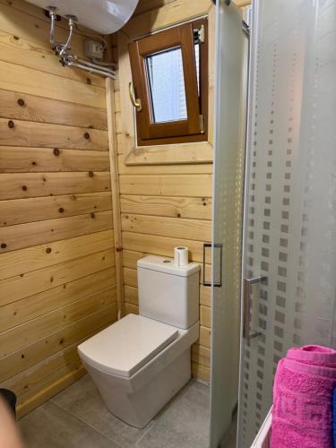 a bathroom with a toilet and a window at Melina Wooden Beach Cabin For 2 People ,Gjiri Lalzit in Lalzit Bay