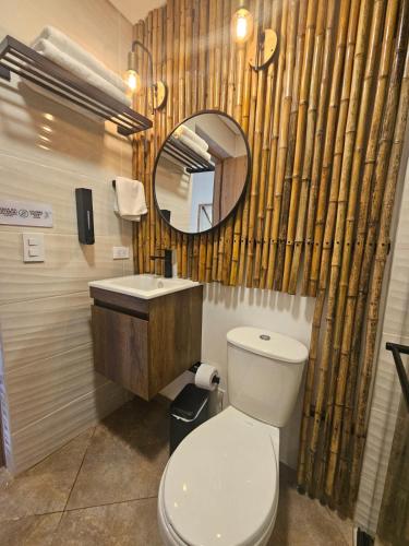a bathroom with a toilet and a sink and a mirror at Ecohotel Piedemonte in Salento