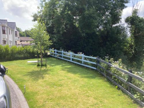 a fence in a yard with a tree next to it at 1 Bryn Beudy in Narberth