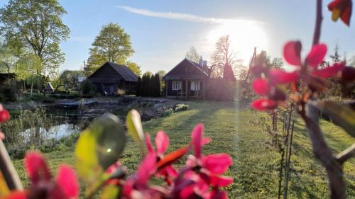 a house in the background with pink flowers in the foreground at Authentic homestead over 100 years old in Kėdainiai