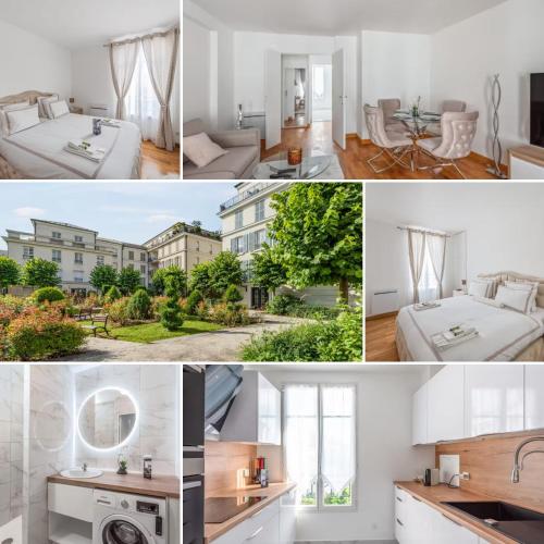 un collage de photos d'une chambre et d'une maison dans l'établissement Cour Royale Disneyland Paris, à Chessy