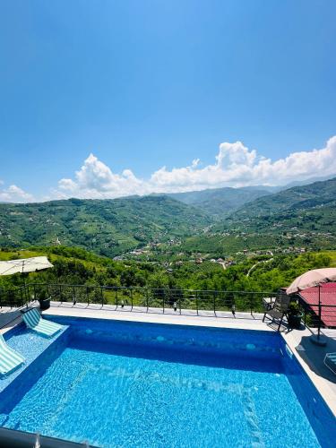 a swimming pool with a view of the mountains at Lemongarden in Akcaabat