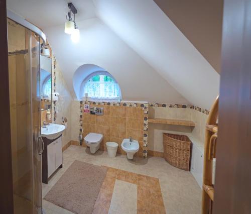 a bathroom with a toilet and a sink at Comfortable 4 bedroom villa outdoor wood-fired sauna Warsaw in Magdalenka