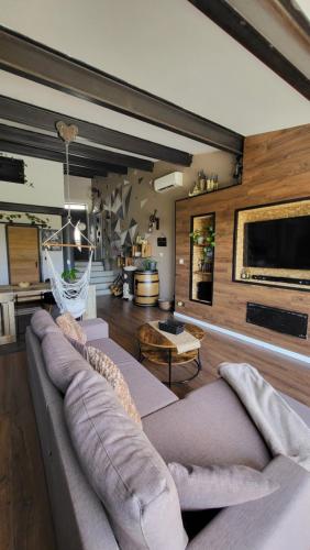 un salon avec un canapé et une télévision dans l'établissement Maison au cœur d'un village, vue sur les montagnes, à Bélesta