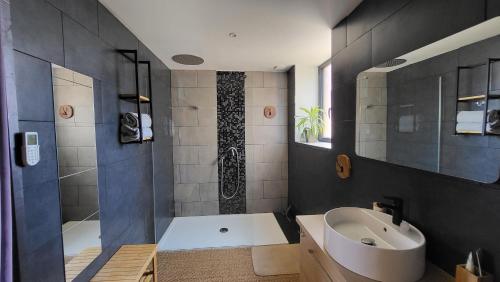 une salle de bain avec un lavabo, une douche et une baignoire dans l'établissement Maison au cœur d'un village, vue sur les montagnes, à Bélesta