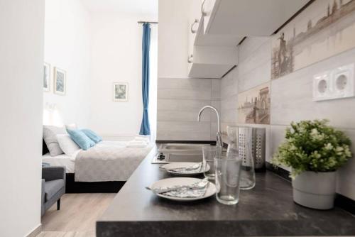 a kitchen with a counter with two plates on it at Modern studio with AirCon and balcony in the center in Budapest