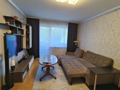 a living room with a couch and a tv at Weekend Home in Visaginas