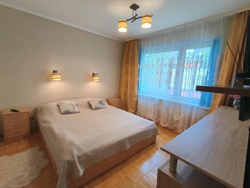 a bedroom with a bed and a large window at Weekend Home in Visaginas