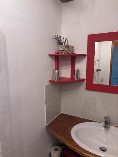 a bathroom with a sink and a mirror at Les Planious in LʼÉpine