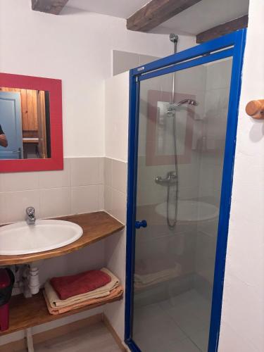 a bathroom with a shower and a sink at Les Planious in LʼÉpine