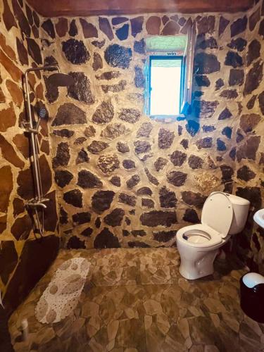 a stone bathroom with a toilet and a window at Sakartvelo Soul in Borjomi