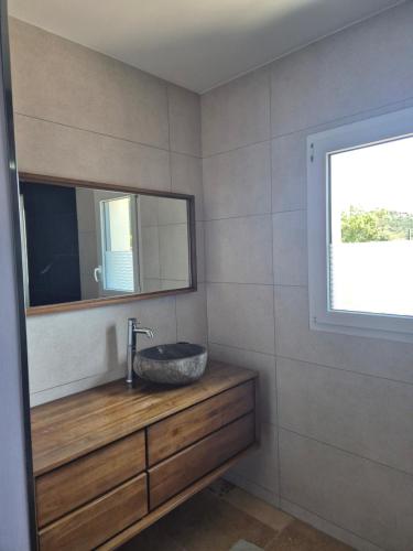 une salle de bain avec un lavabo et un miroir dans l'établissement Maison moderne avec spa Le Bosc Salagou, à Le Bosc