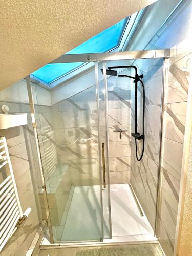 a glass shower in a room with a ceiling at Kleines Paradies an der Nordsee am Großen Meer in Südbrookmerland