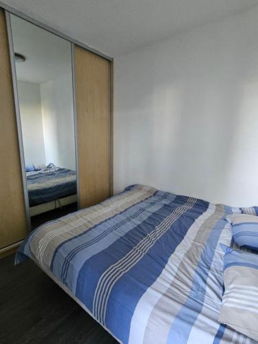 une chambre avec un lit et un grand miroir dans l'établissement F2 sympa quartier Nouvelle Ville, à Metz