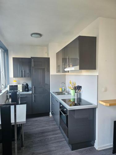 une cuisine avec des armoires en noir et blanc et une table dans l'établissement F2 sympa quartier Nouvelle Ville, à Metz