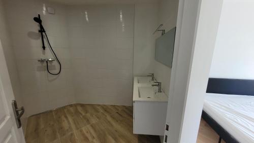 une petite salle de bain avec un lavabo et une douche dans l'établissement Croizio, à Saint-Gildas-de-Rhuys