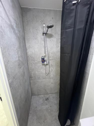 La salle de bains est pourvue d'une douche avec rideau de douche. dans l'établissement Pušų Sodas, à Birštonas