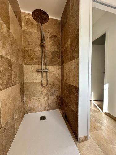 une douche dans une salle de bain avec un mur carrelé dans l'établissement Maison Villa Malon Sud Aubussargues Uzès Nîmes avec piscine, à Aubussargues
