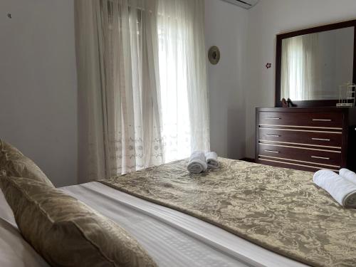 a bedroom with a bed with a dresser and a mirror at Stone House Berat in Dushnik