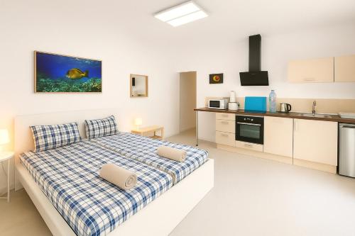 a white bedroom with a bed and a kitchen at Fantastico 3 - Grosser Terrasse - Gratis Parkplatz - Klimaanlage - Zentrumsnähe und Meernähe in Puerto de la Cruz