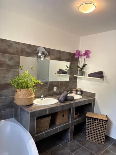 une salle de bain avec deux lavabos et un miroir dans l'établissement Villa Evanine, à Saint-Privat-de-Champclos