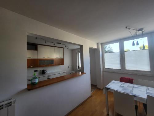 a kitchen with a counter and a table in a room at Apartma Dejan in Semedela
