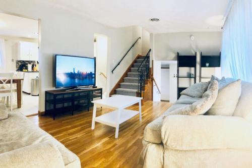 a living room with two couches and a tv at Niagara Falls Quiet Neighborhood Air Conditioning Parking in Niagara Falls