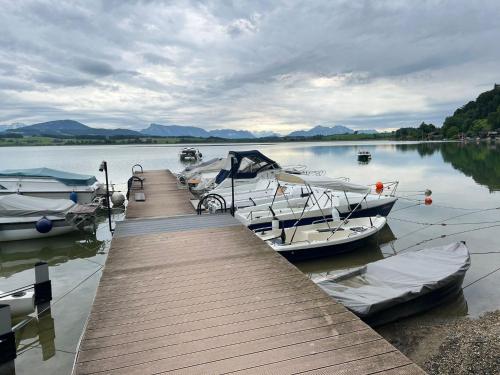 two boats are docked at a dock on a lake at wallerseehomes 121 in Baierham