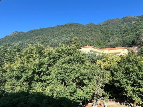 a building behind some trees in front of a mountain at Casa do Ribeiro in Geres