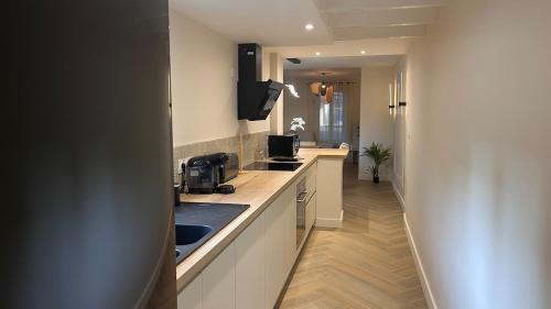 une cuisine avec un évier et un plan de travail dans l'établissement Maison élégante & jardin privé, à Valréas