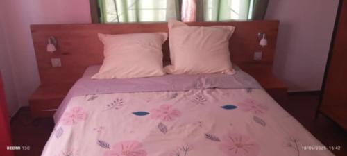 a bed with two pillows and a pink blanket at Antsaly Lodge in Anjomakely