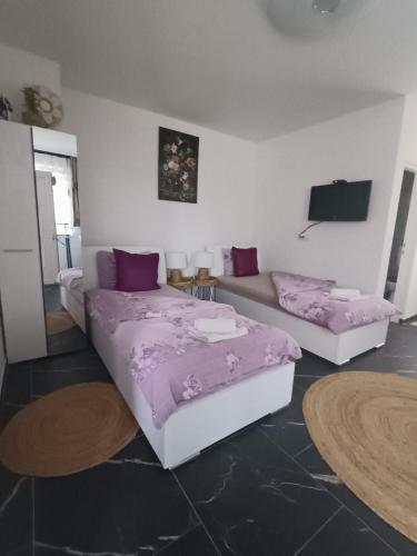 a living room with two beds and a couch at Apartmani Jozić in Garešnica