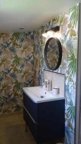 a bathroom with a sink and a mirror at Pigeonnier de campagne in Moncaut