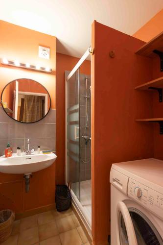 une salle de bain avec un lavabo et une machine à laver dans l'établissement Cabana & Triplex Bleu d'Annecy - Lake View, Terrace, à Talloires