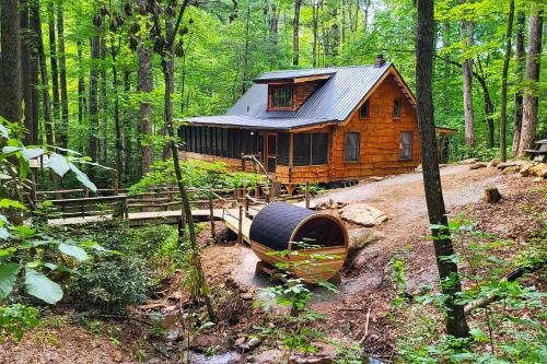 a log cabin in the middle of a forest at Ma & Pa's cabin at Cabin Fever in NC in Saluda