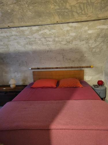 a bed with two red pillows in a bedroom at La troglodyte in Sérignan-du-Comtat