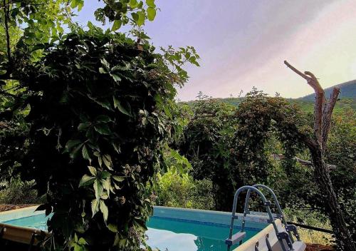a swimming pool with trees and a view of a mountain at La Casa de Cadia 2 in El Real de San Vicente