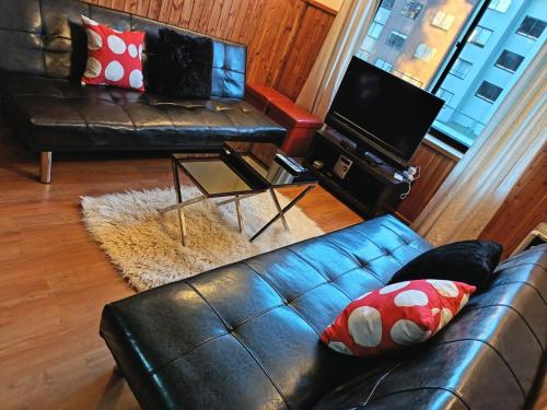 a living room with a leather couch and a television at Refugio del volcán in Pucón