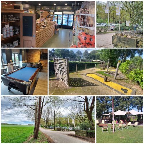 a collage of photos of a park with a pool table at Boself in Diessen