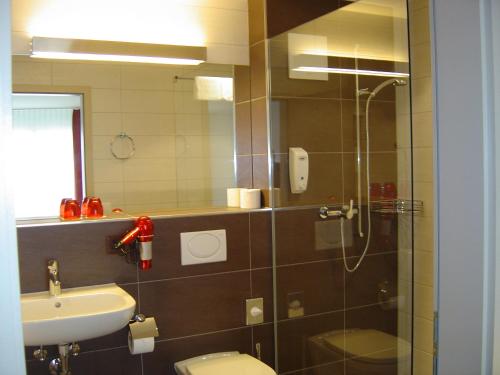 a bathroom with a toilet and a sink and a shower at Hotel Restaurant Jura in Kerzers