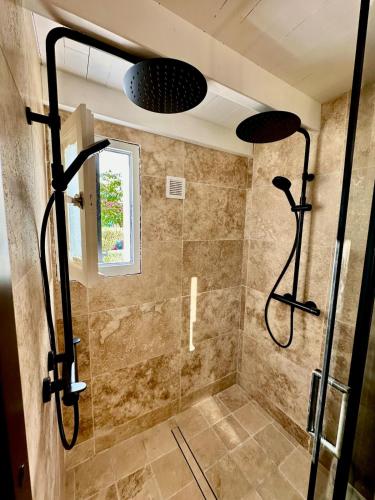 une salle de bain avec une douche avec une porte vitrée dans l'établissement La Villa Delphine, à Vaux-sur-Mer